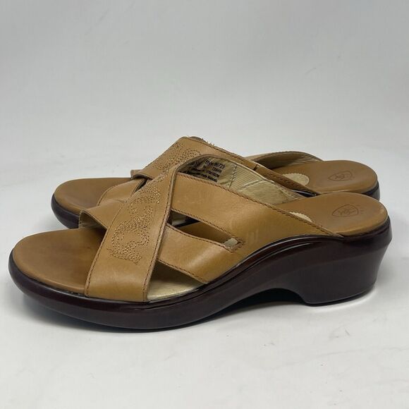 Ariat Wedge Heel Slide Sandals Womens 8.5 B Tan Brown Leather Stitching Western - Picture 4 of 15